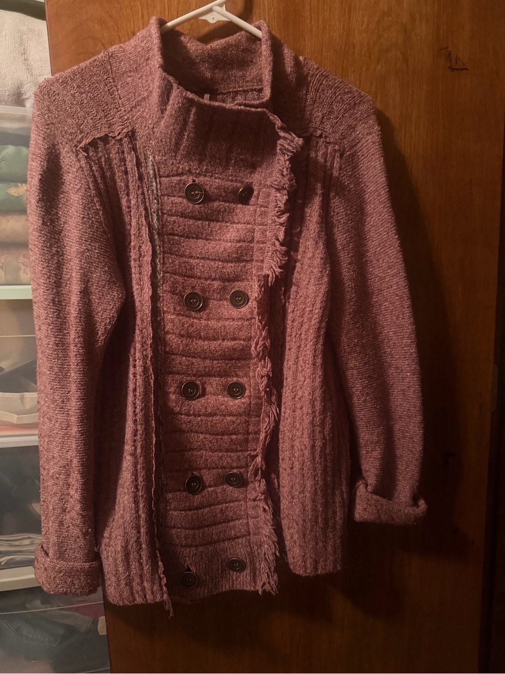 Free People Mauve Double-Breasted Knit Pea Coat